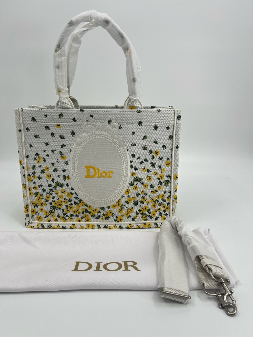 Medium White & Yellow Floral Book Tote and Green Accents with Straps